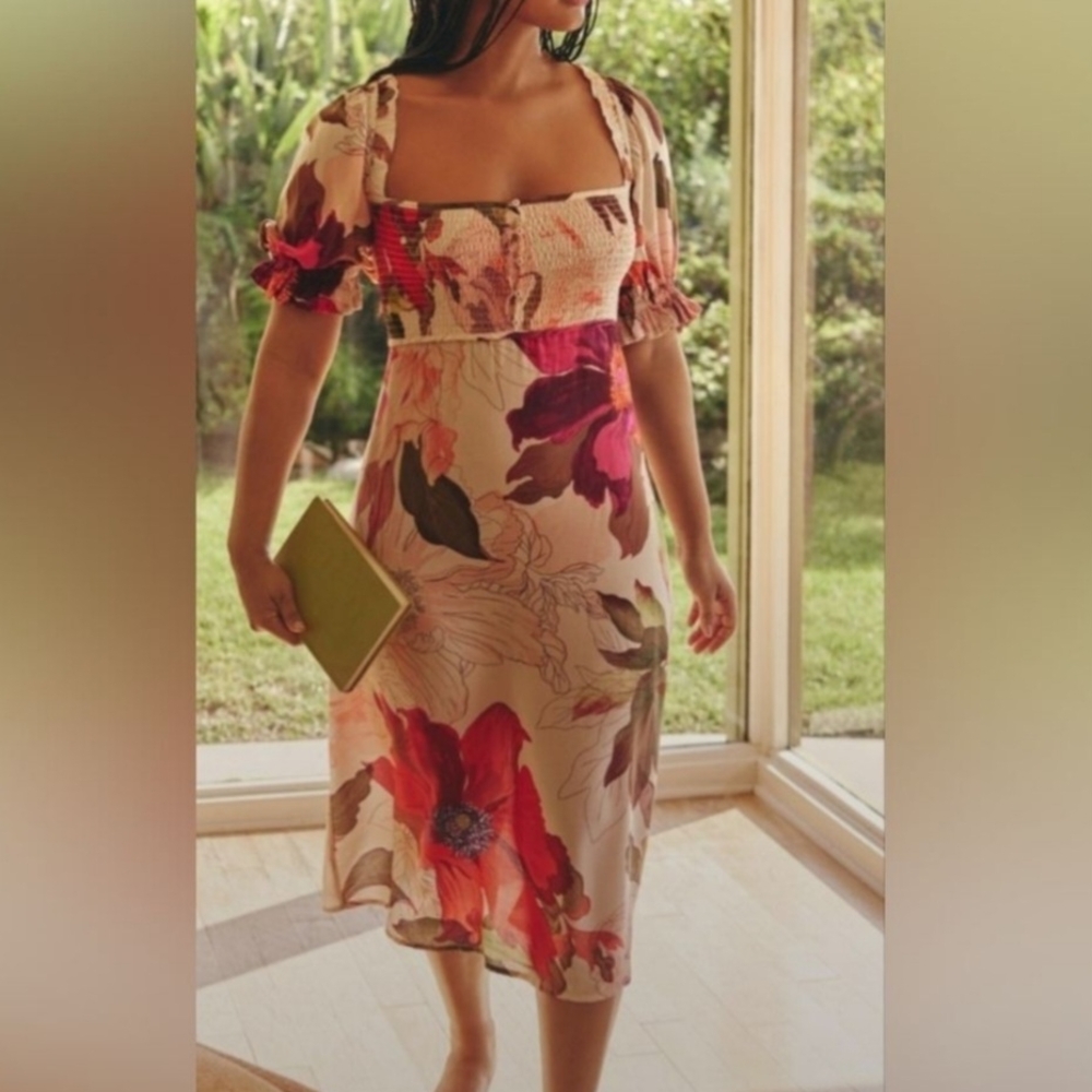 Anthropologie Floral Midi Dress in Red and Cream